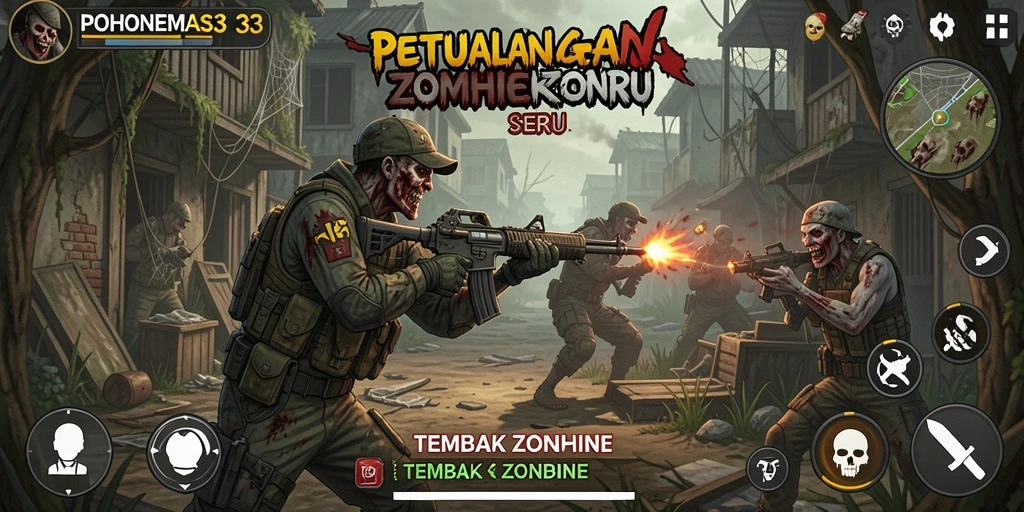 Antarmuka seru POHONEMAS33 saat menembak zombie.